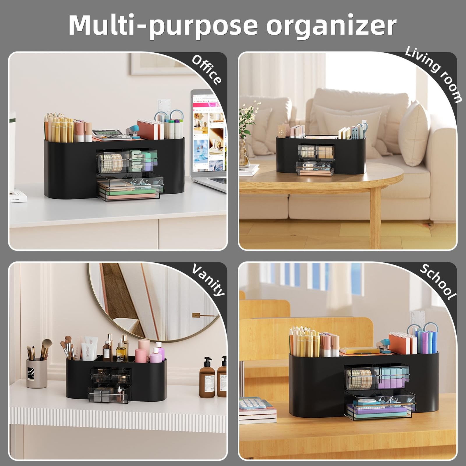 Marbrasse Desk Organizer Pen Holder with 3 Drawers, Multi-Functional Black