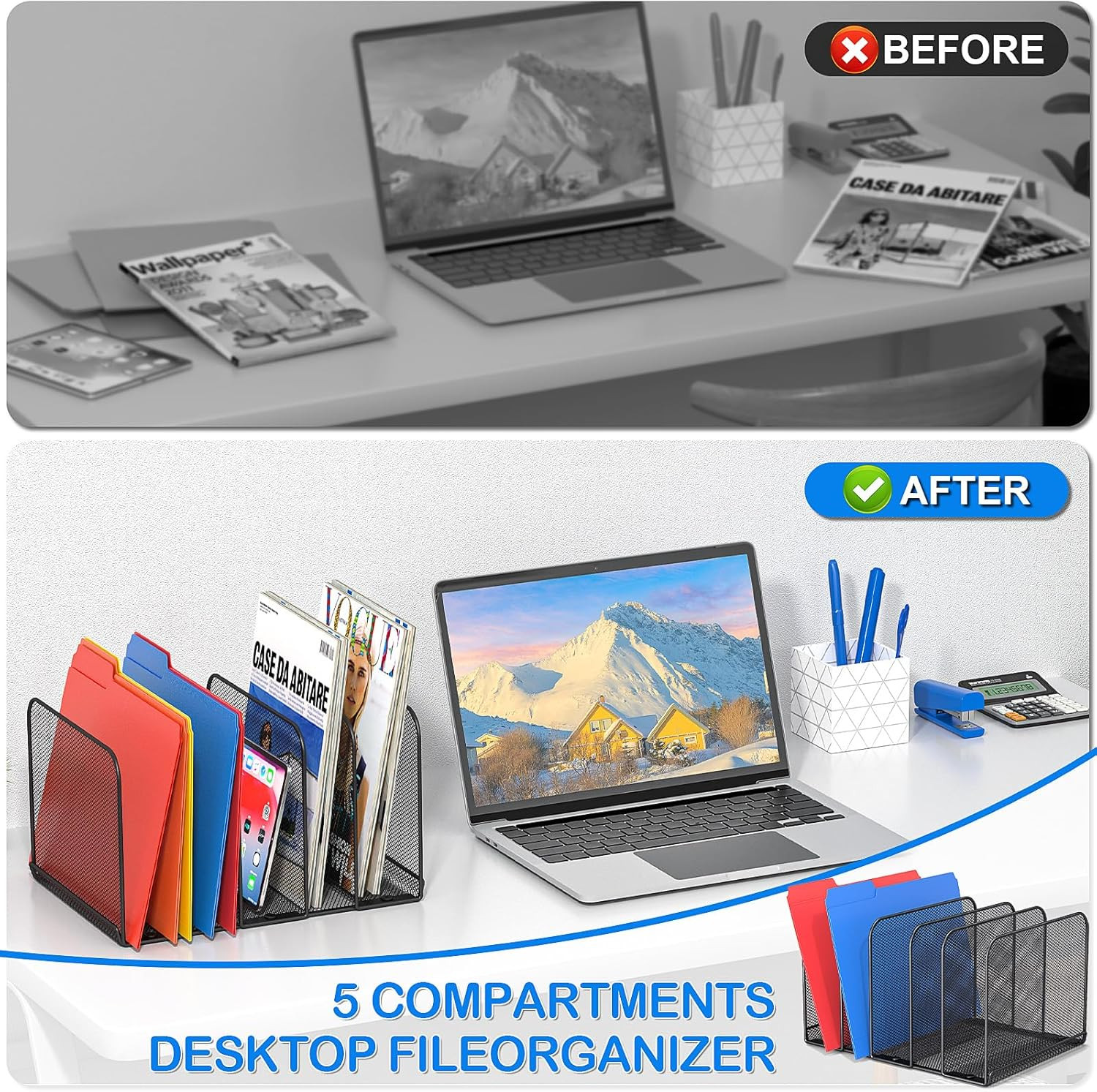 5 Sections Desk File Holder/Rack/Sorter,Mesh File Organizer,File Folder Organize