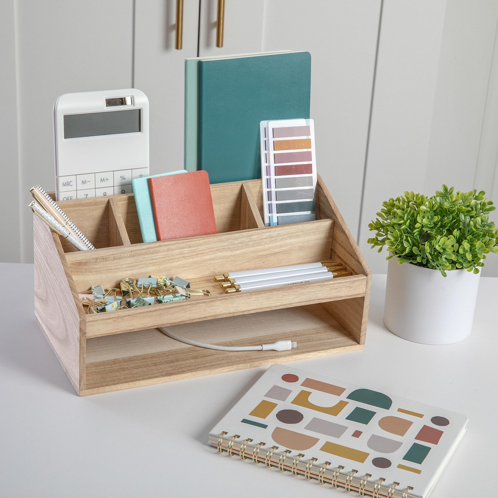 Martha Stewart Weston Wooden Desktop Organizer with Set of 1, Light Natural