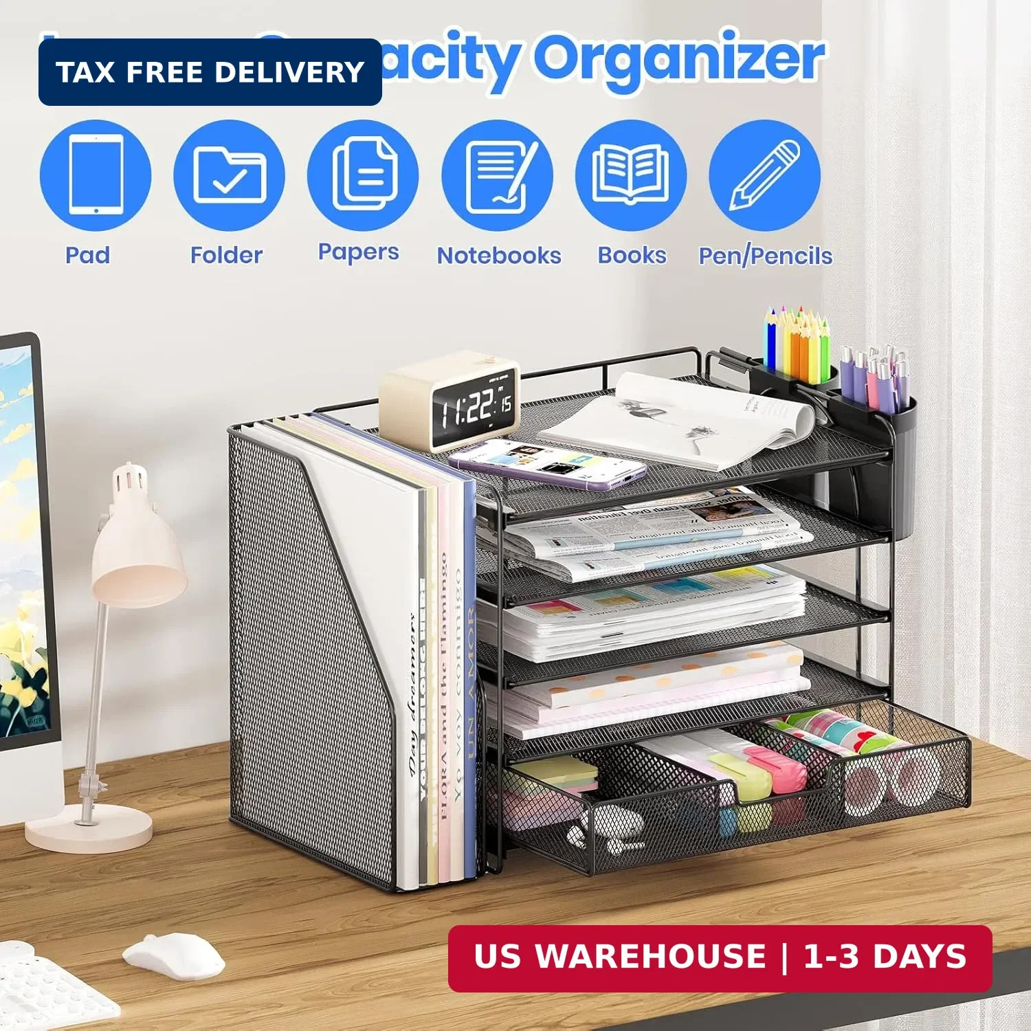 OPNICE Desk Organizer, 5-Tier Desktop File Organizer with Drawer and Pen Holders
