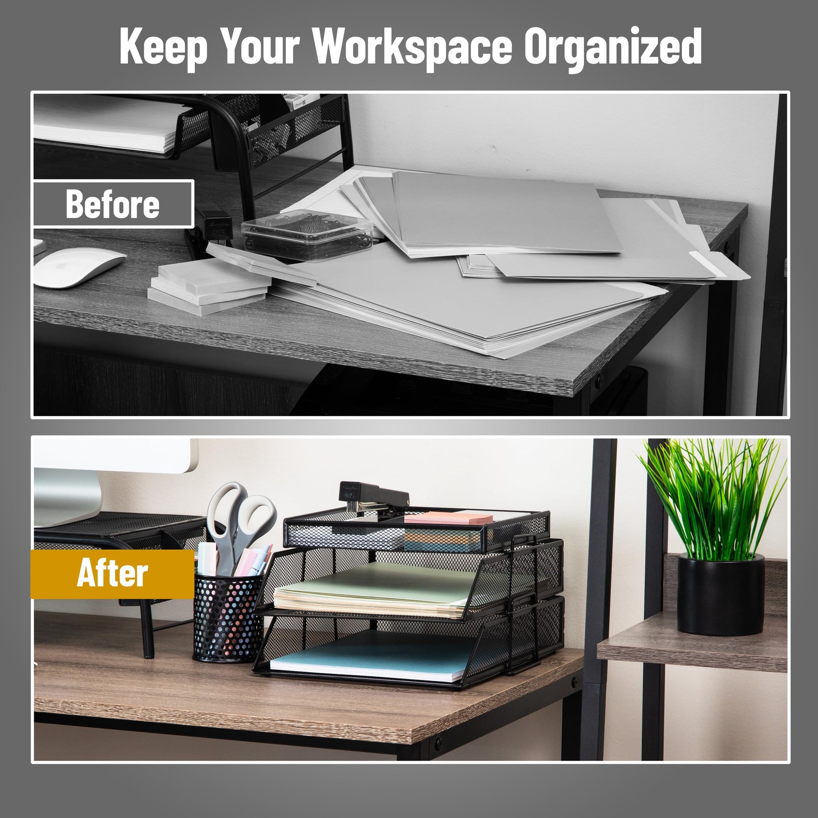 2 Tier Paper Tray with Top Supply Compartment, Desktop File Organizer, Metal …