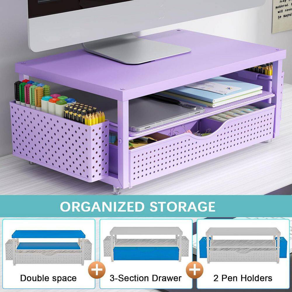 Purple 15 In. X 6 In. Metal Modern Desk Organizer Stand with Drawer and Pen Hold