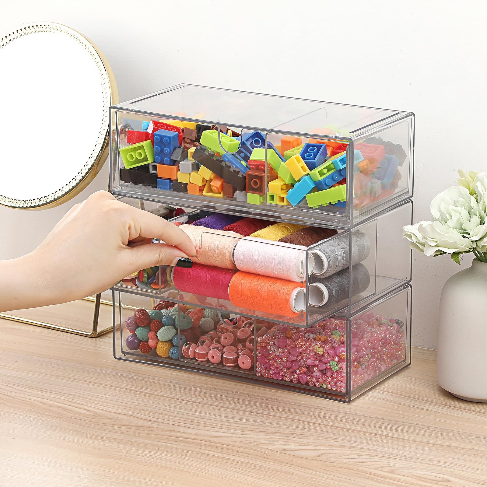 3 PCS Clear Acrylic Stackable Pencil Drawer Removable Divider Organizer