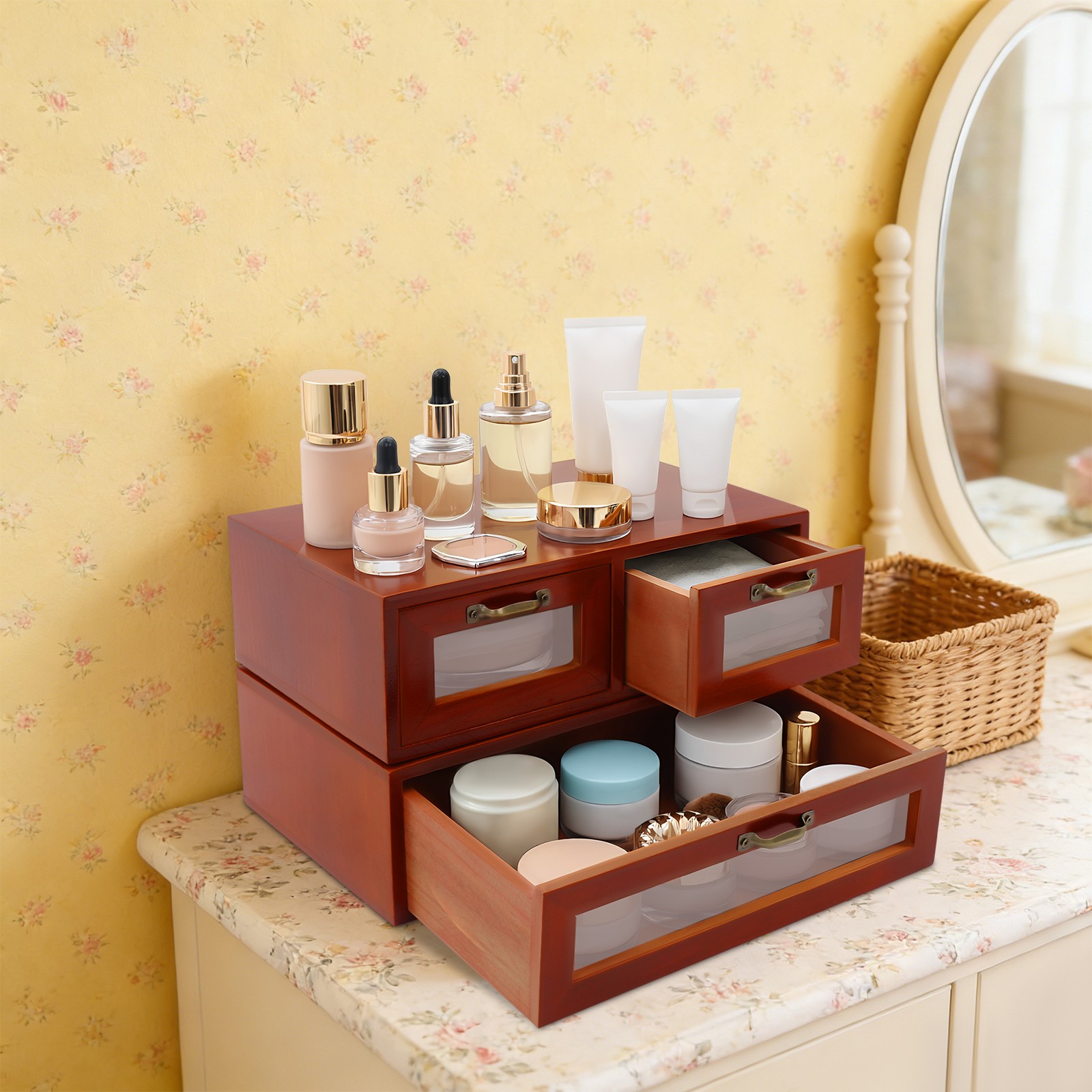 Stackable Wooden Storage Cabinets, 2 Desktop Organizing Cabinets with 3 Drawers