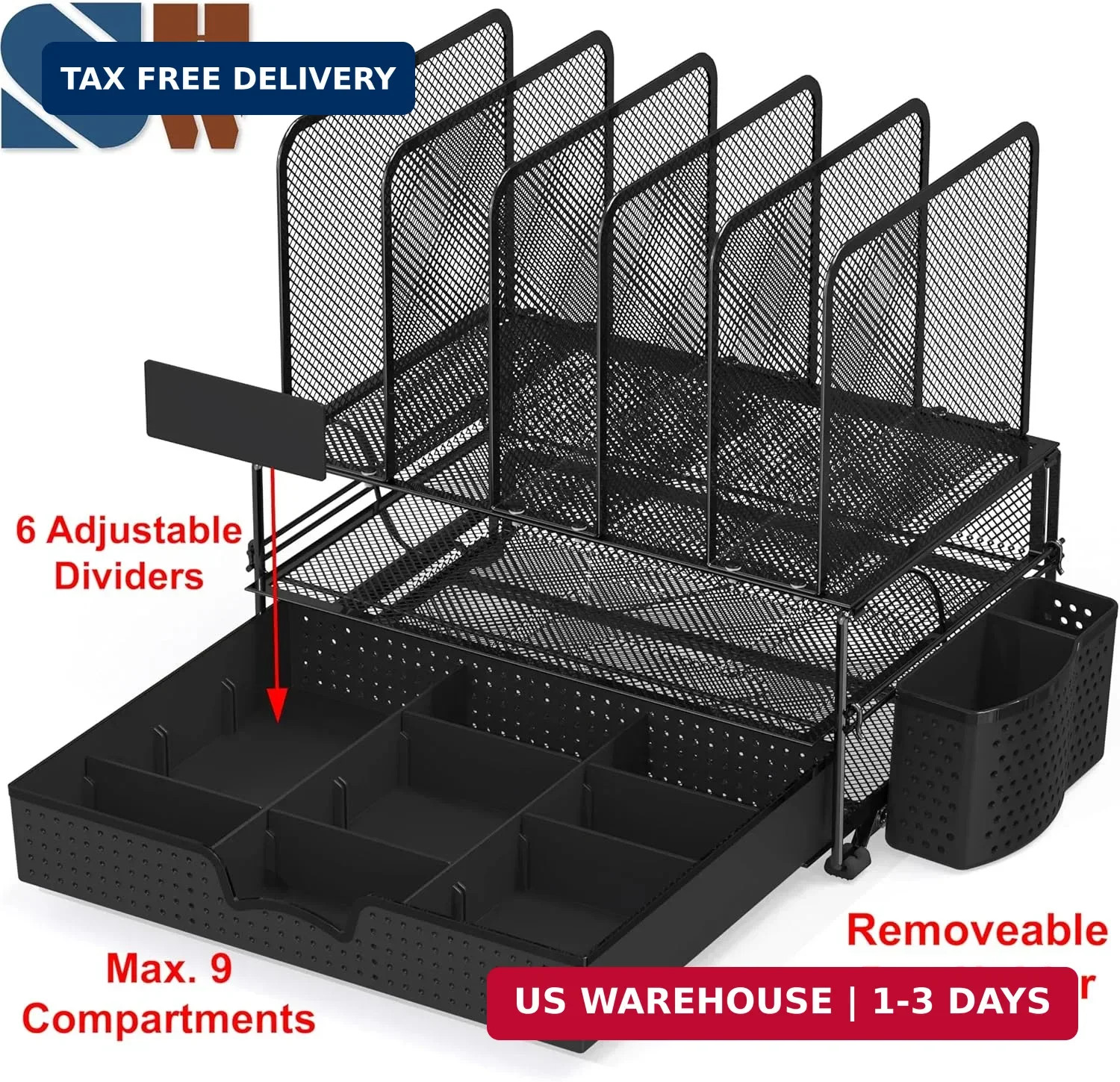 Simple Houseware Mesh Desk Organizer with Sliding Drawer, Double Tray and 5 Upri