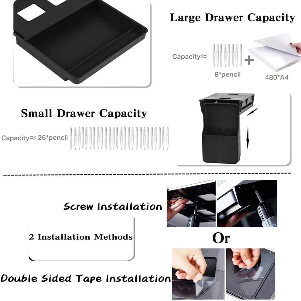 Black Under Desk Organizer – Large & Small Drawers, Adhesive/Screw Installation