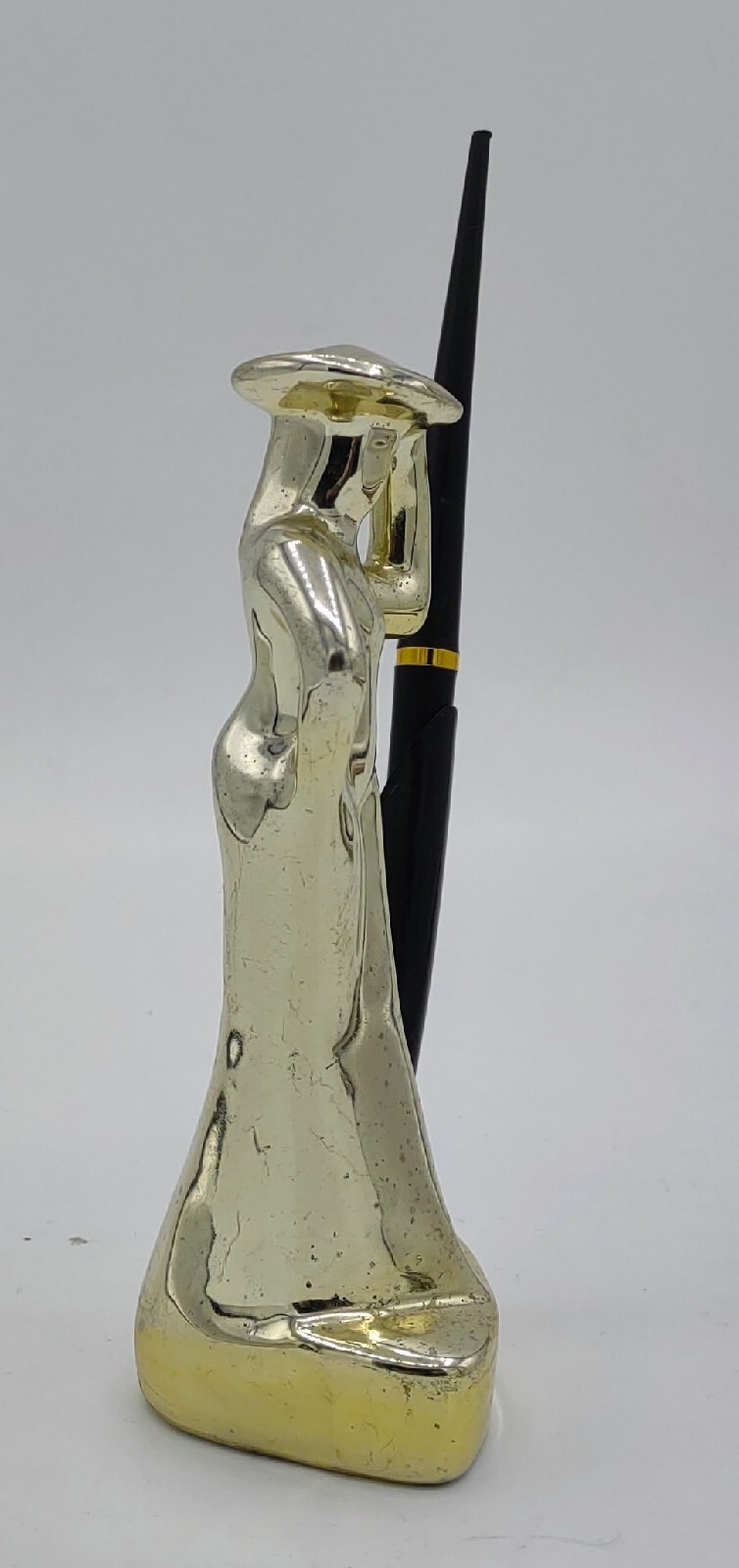Vtg Art Deco Gold Ceramic Lady Pen Holder W/Fountain Pen 8″