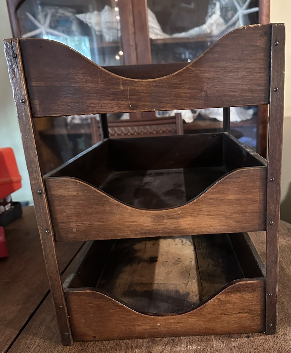 Antique Desk Top Letter Tray File Holder Wooden 3 Tier