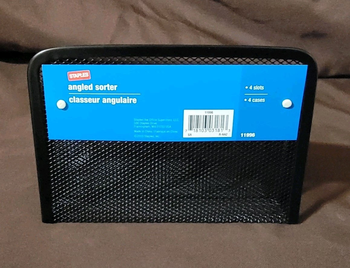 2 Desktop Black Metal Mesh LETTER SORTERS W/ BUSINESS CARD HOLDER Staples 11996