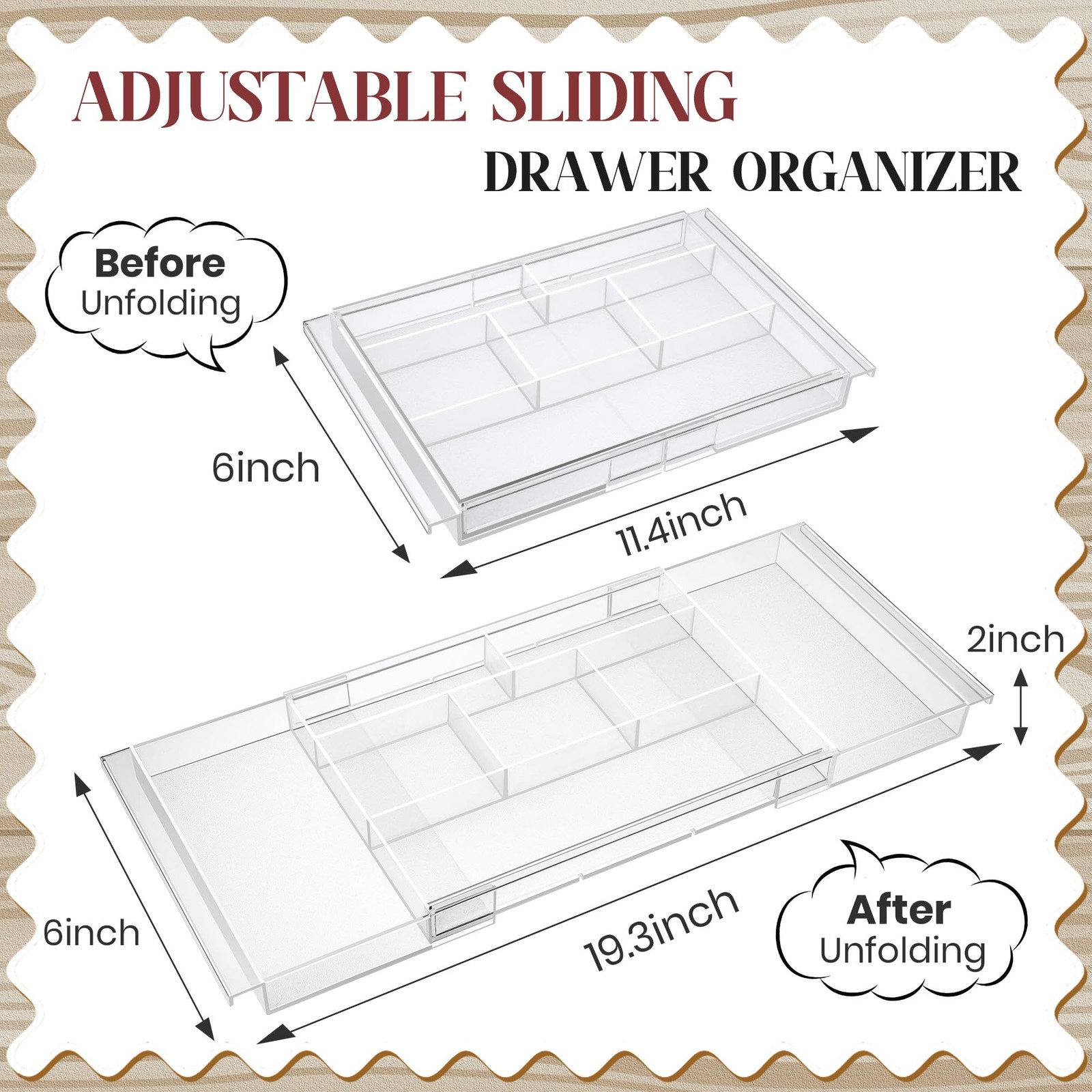 Dunkive 2pack Shallow Expandable Drawer Organizer, Adjustable Transparent