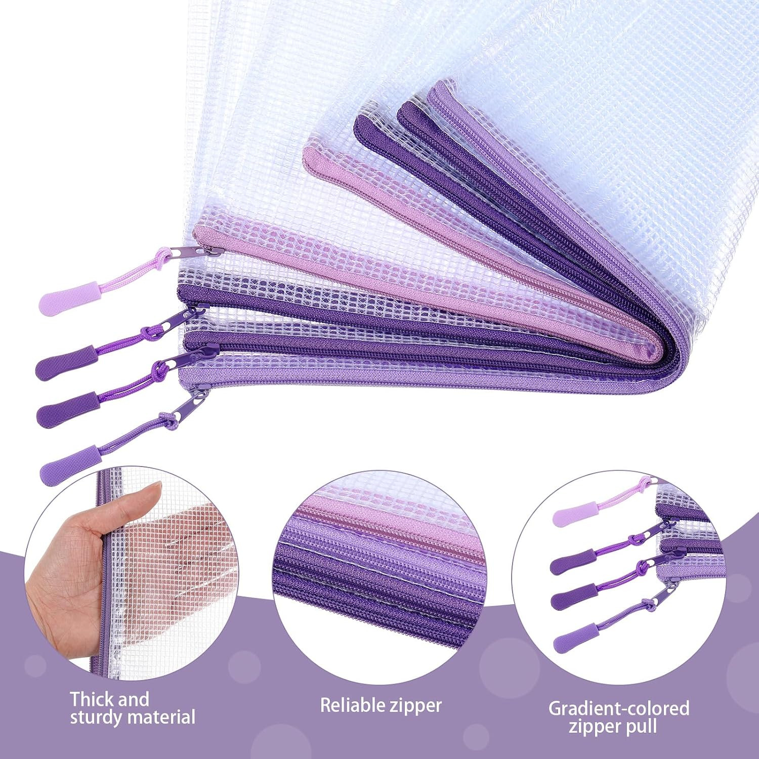 24 Pack Purple Mesh Zipper Pouch Bags, A4 Size Clear Mesh Zipper Storage Bags Bu