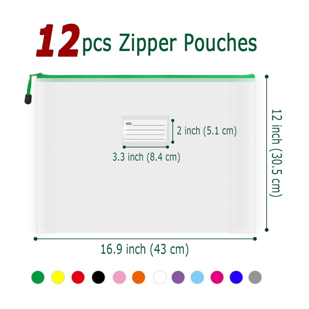 Plastic Mesh Zipper Pouch, 12Pcs Zipper File Bags with Label Pocket, A3 Size …