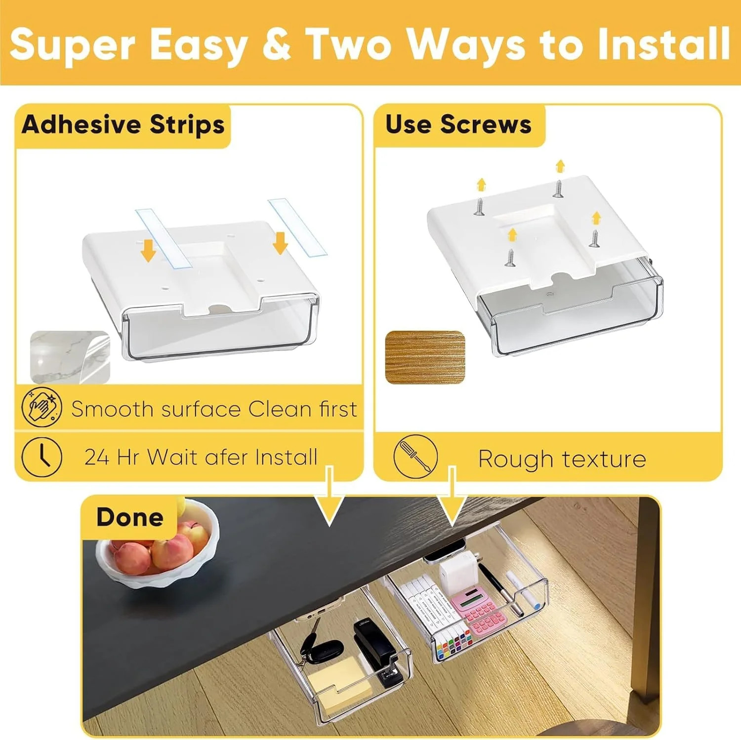 2 Pack Under Desk Hanging Drawer Slide Pull Out, Attachable Clear Acrylic Storag