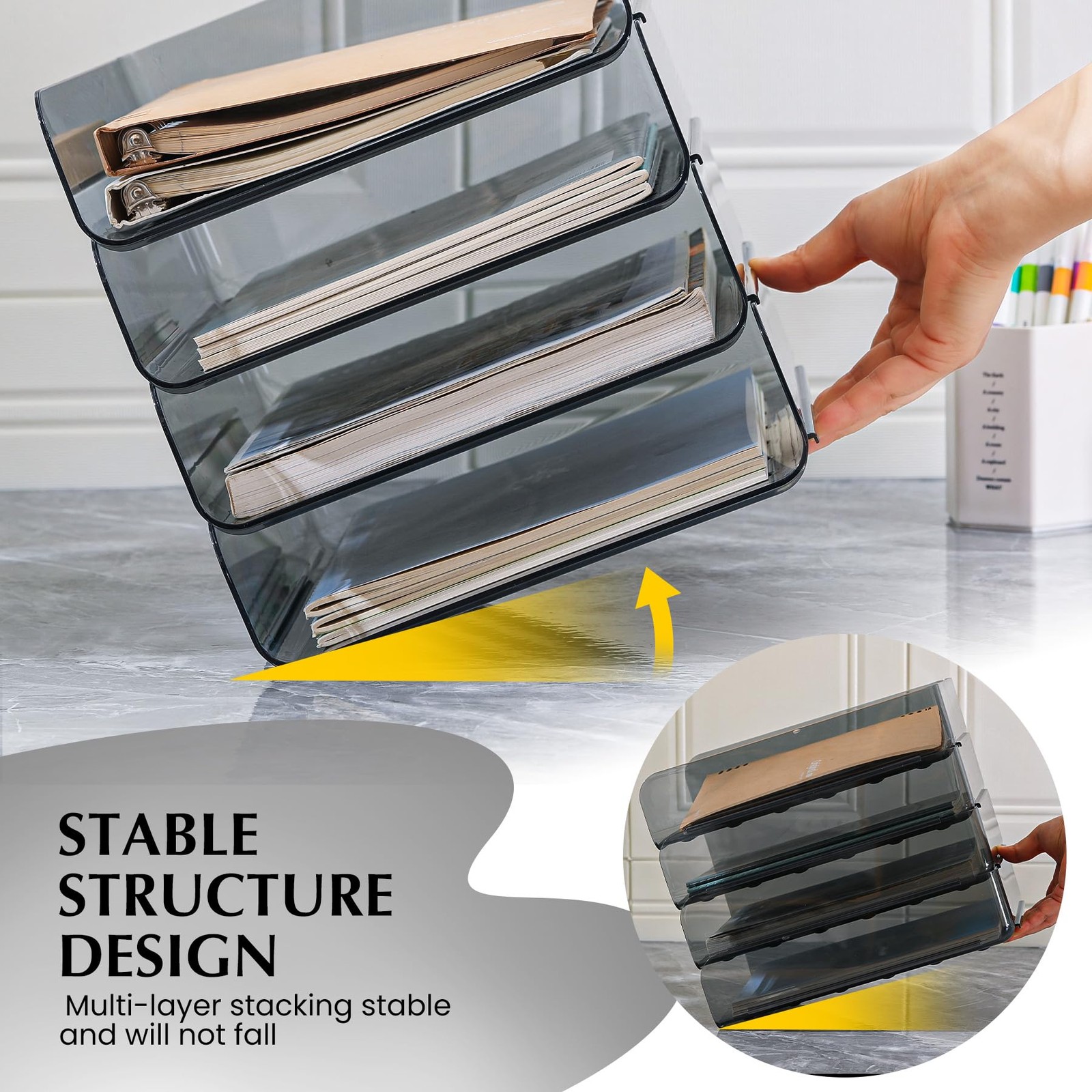 2 PCS Stackable Paper Tray Organizer Clear File Desk Storage Accessories Black