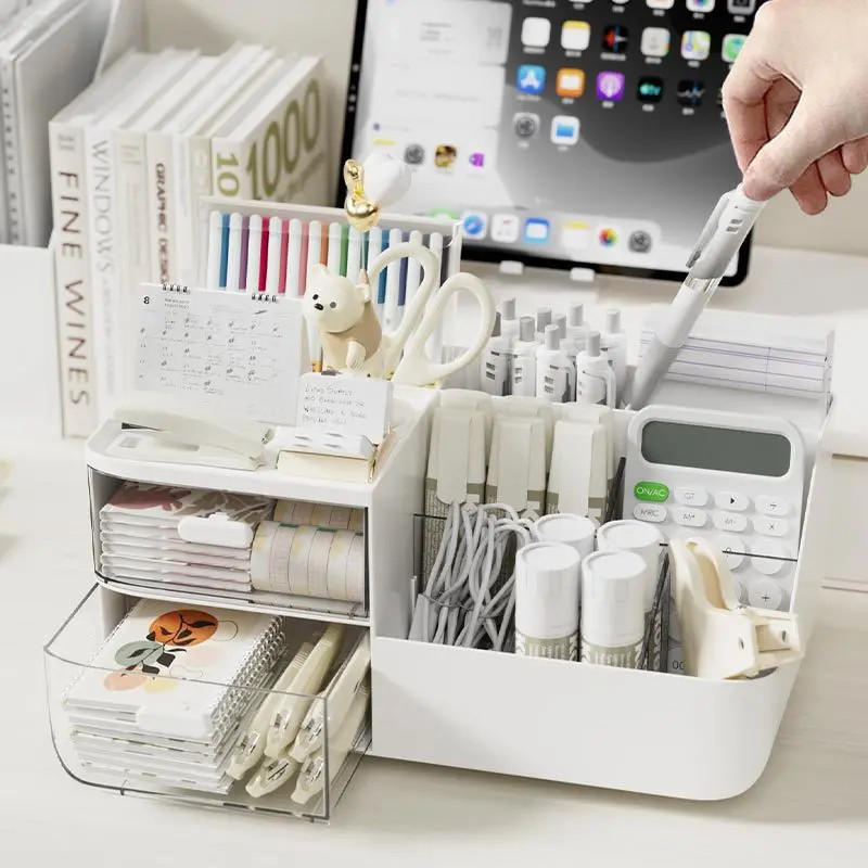 Large Capacity Desk Organizer with 2 Transparent Drawers and Office Supplies Hol