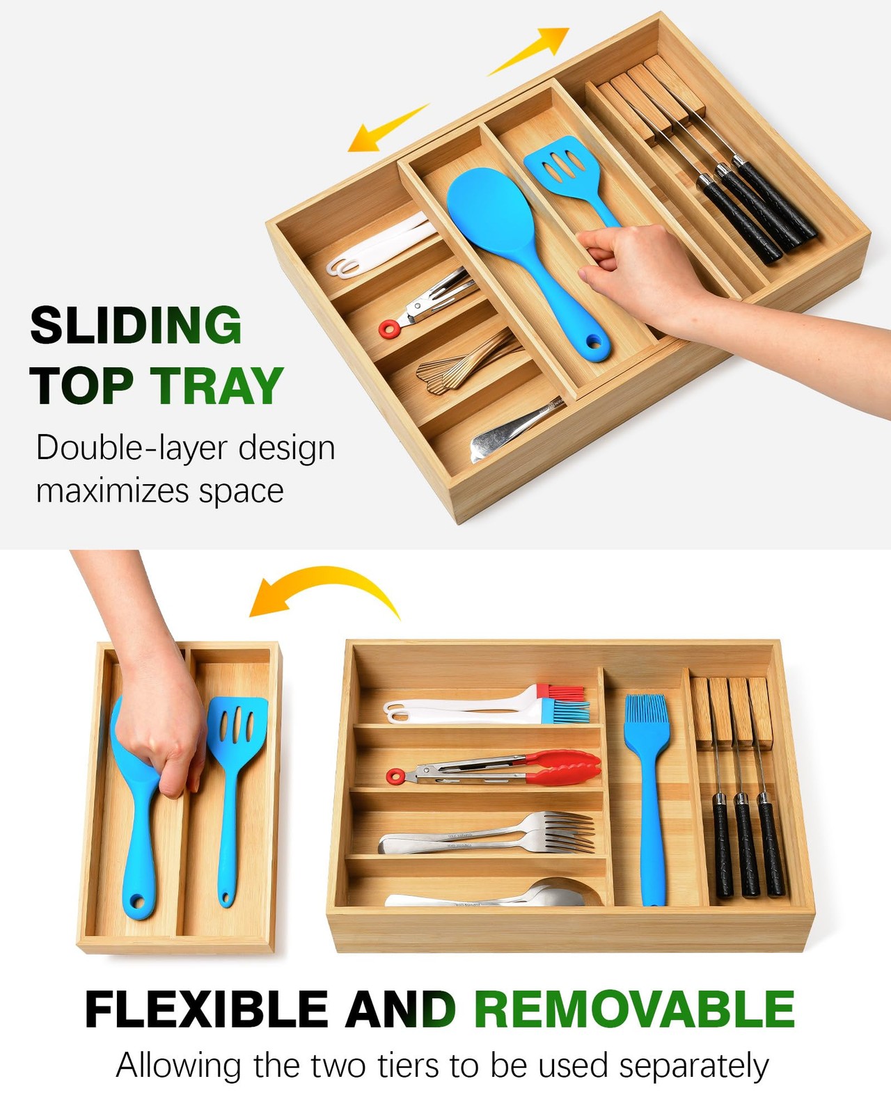 HULISEN Double Layer Bamboo Utensil Drawer Organizer, 2 Tier Silverware Wood