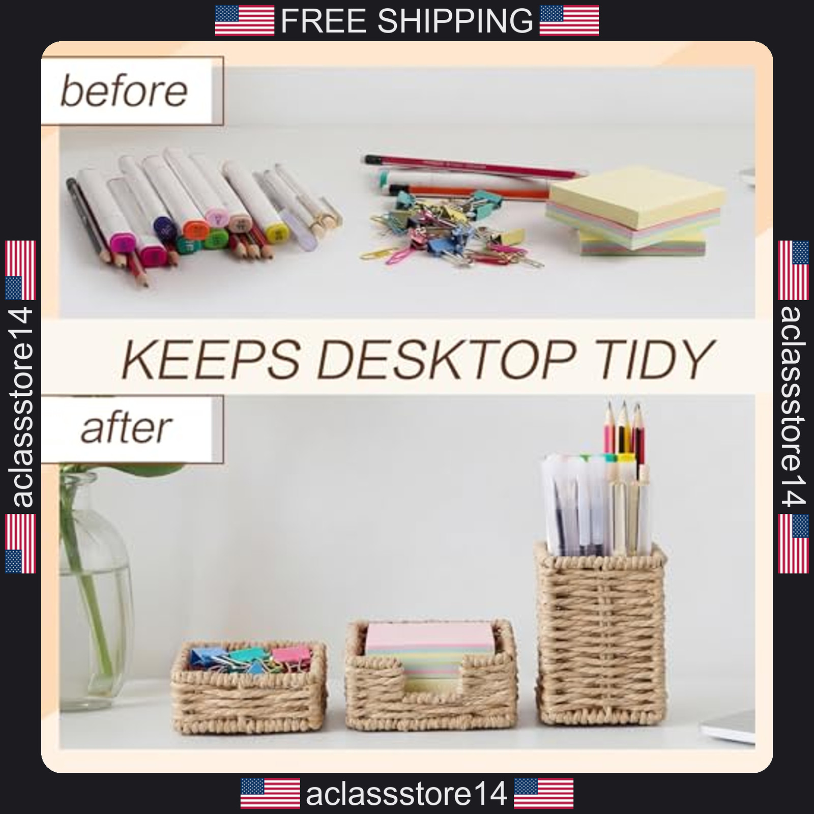 Khaki Paper Rope Woven Desk Organizer Set of 3 Office Home Desktop Accessories