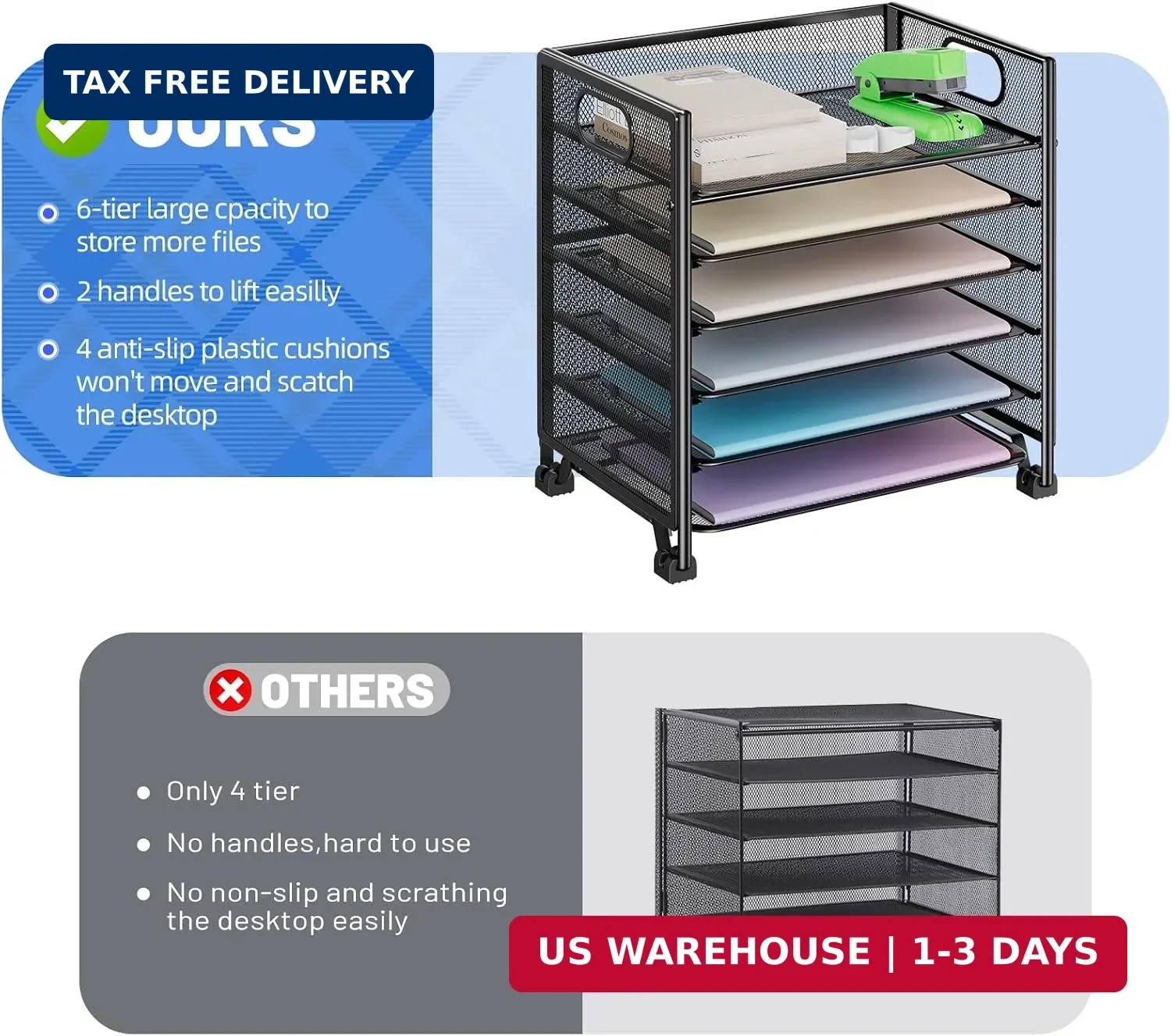 Simple Trending 6-Tier Letter Tray Organizer, Metal Mesh File Holder, Black | 6-