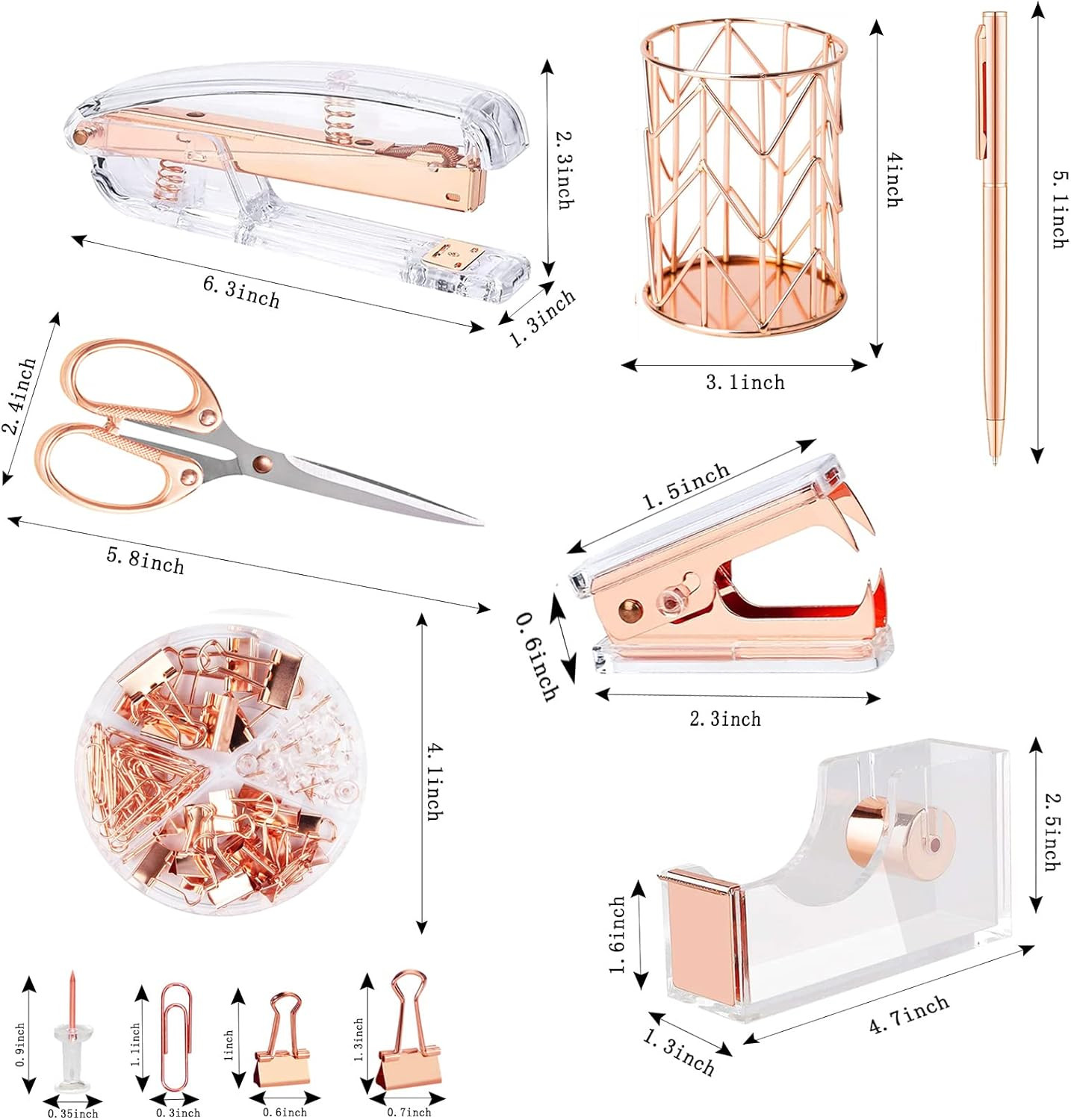 Rose Gold Desk Accessories，Office Supplies Set Acrylic Stapler Set Staple Remove