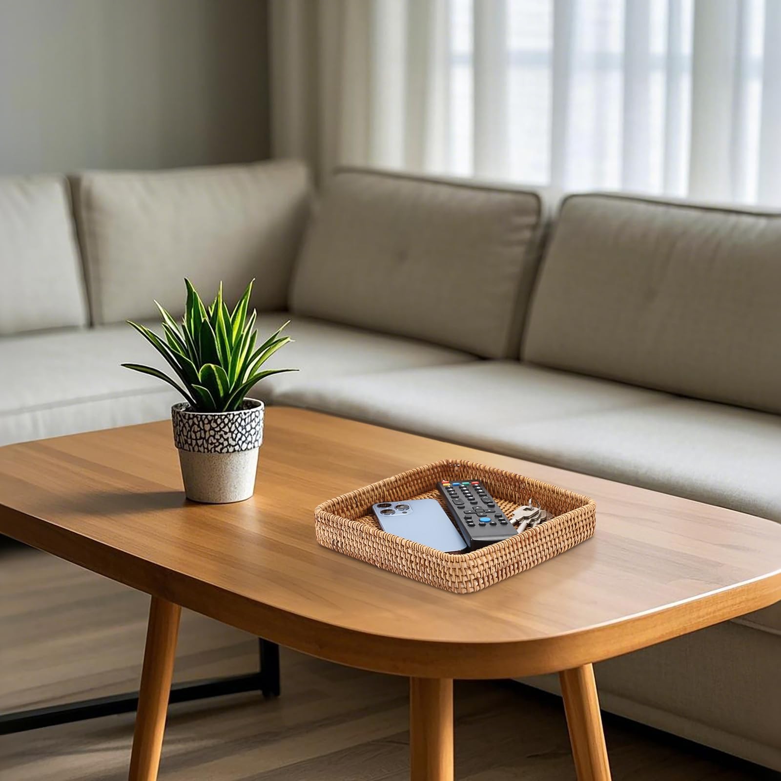 Small Remote Basket for Coffee Table Entryway Living Room Rattan Serving Tray…