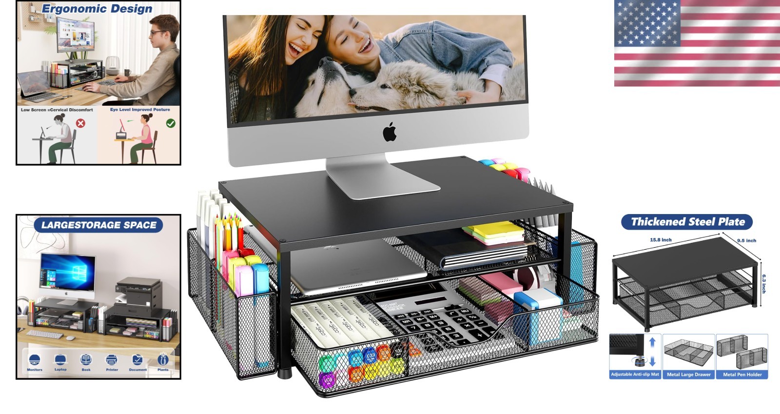 Ergonomic 2-Tier Computer Monitor Stand with Storage – Black Office Essential