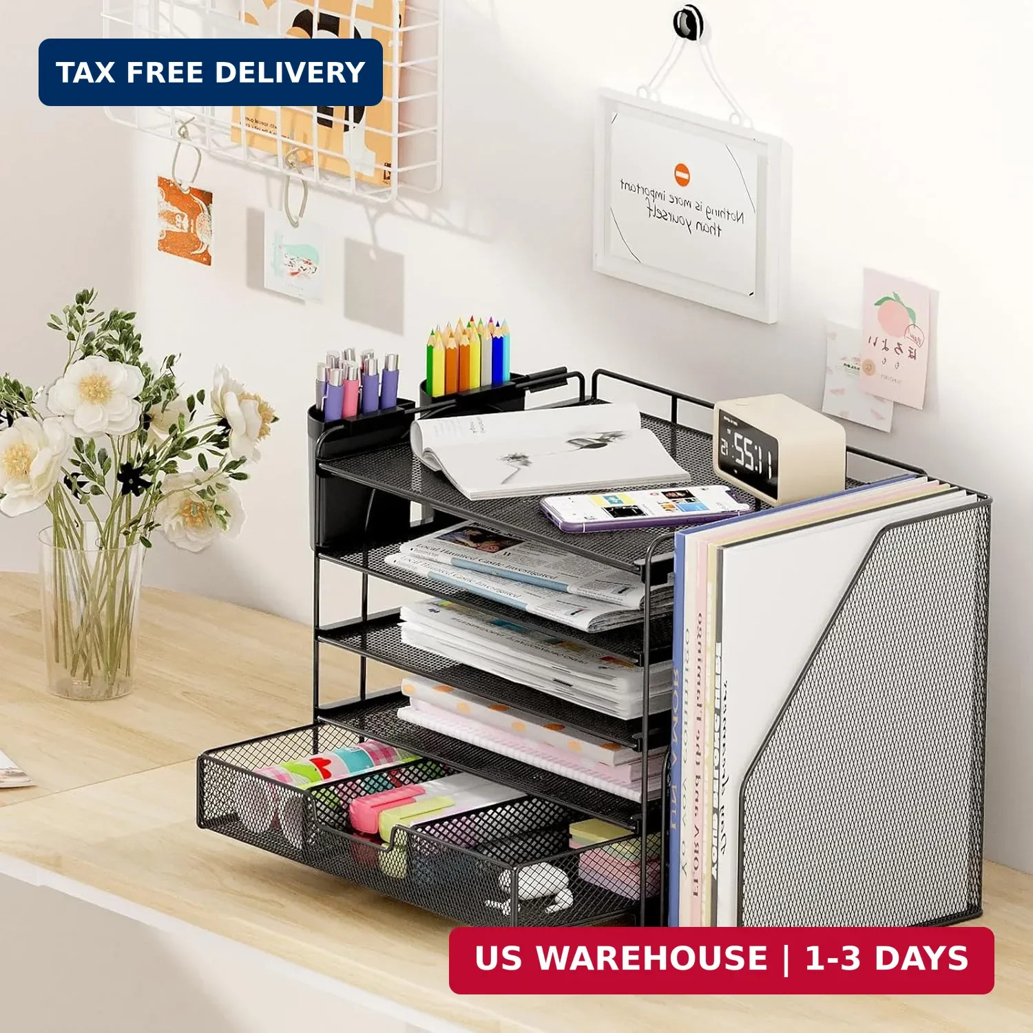OPNICE Desk Organizer, 5-Tier Desktop File Organizer with Drawer and Pen Holders