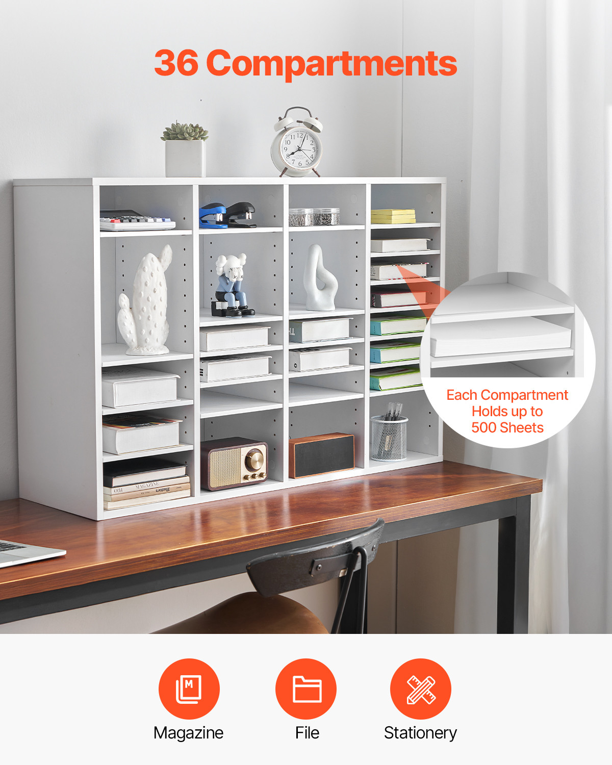 Wooden Literature Organizer 36 Compartments with Adjustable Shelves White