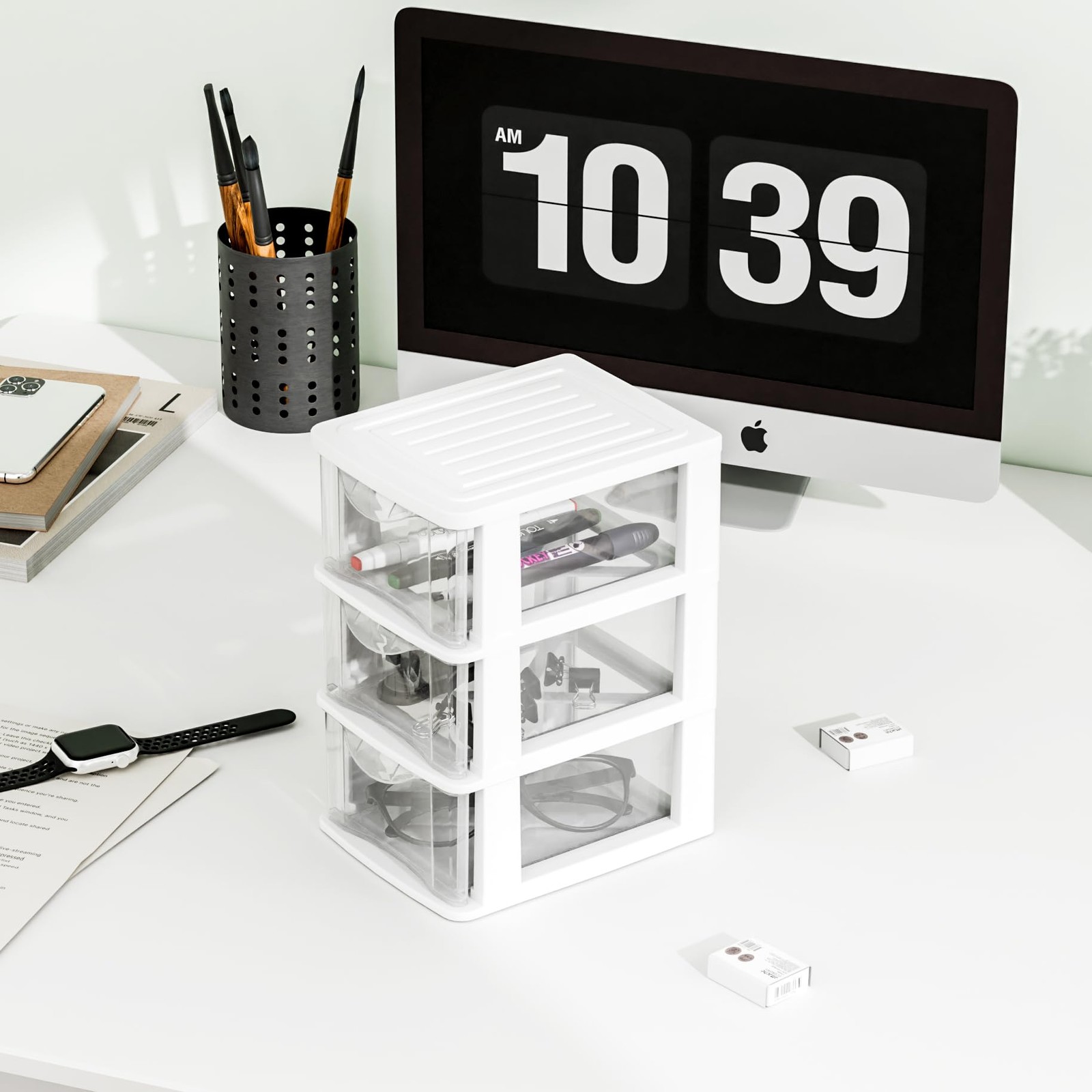 Gonice Small 3 Drawer Desktop Organizer, 2 Pack White Plastic Storage, Deskto…