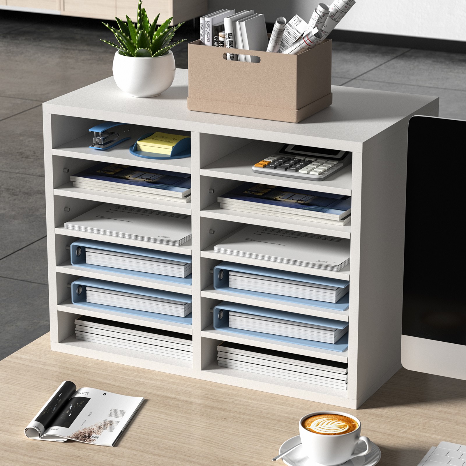 Uimoso Wood Literature Organizer Adjustable File Sorter 12 Compartments White