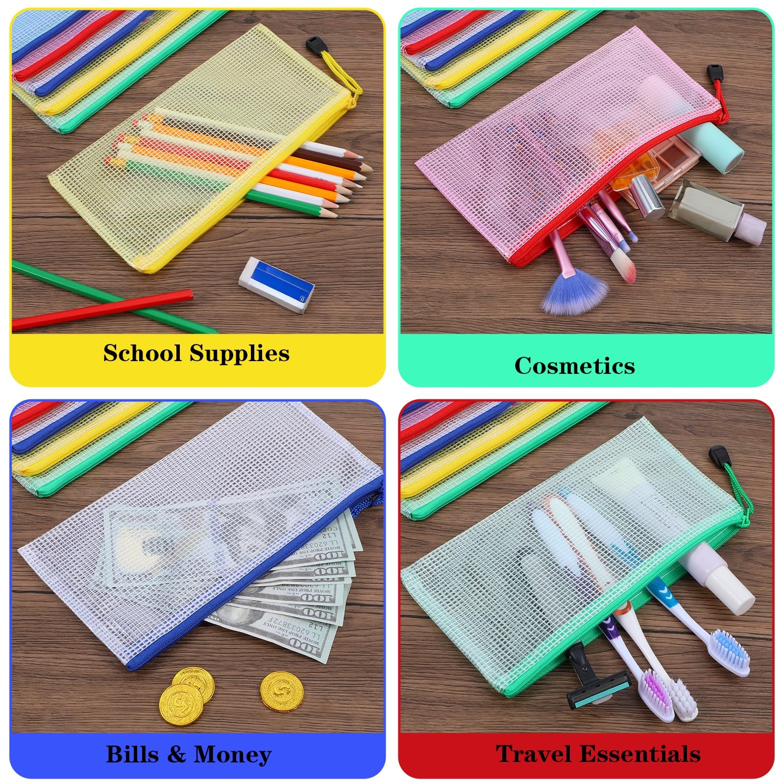 100 PCS Mesh Zipper Pouch Pencil Clear File Bag Waterproof 8.6×4.33 Inch