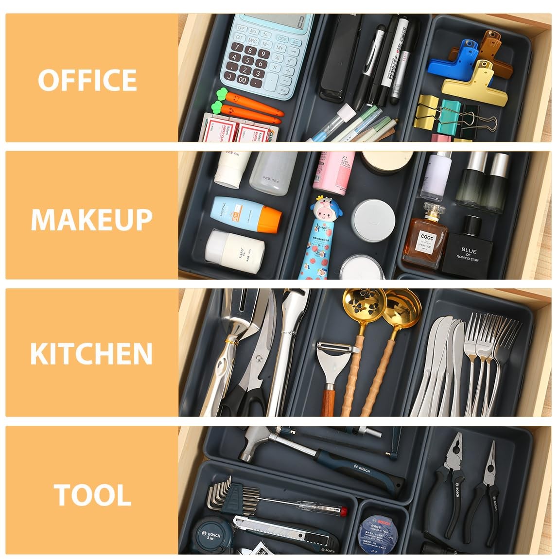 6 PCS Large Drawer Organizer, 3 Sizes Plastic Versatile 2XXL+2XL+2L, Gray