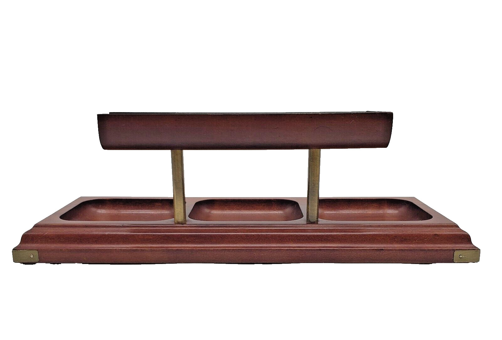 Vintage BOMBAY Wood Office Desktop Dresser Tray Organizer Brass Corners 1996
