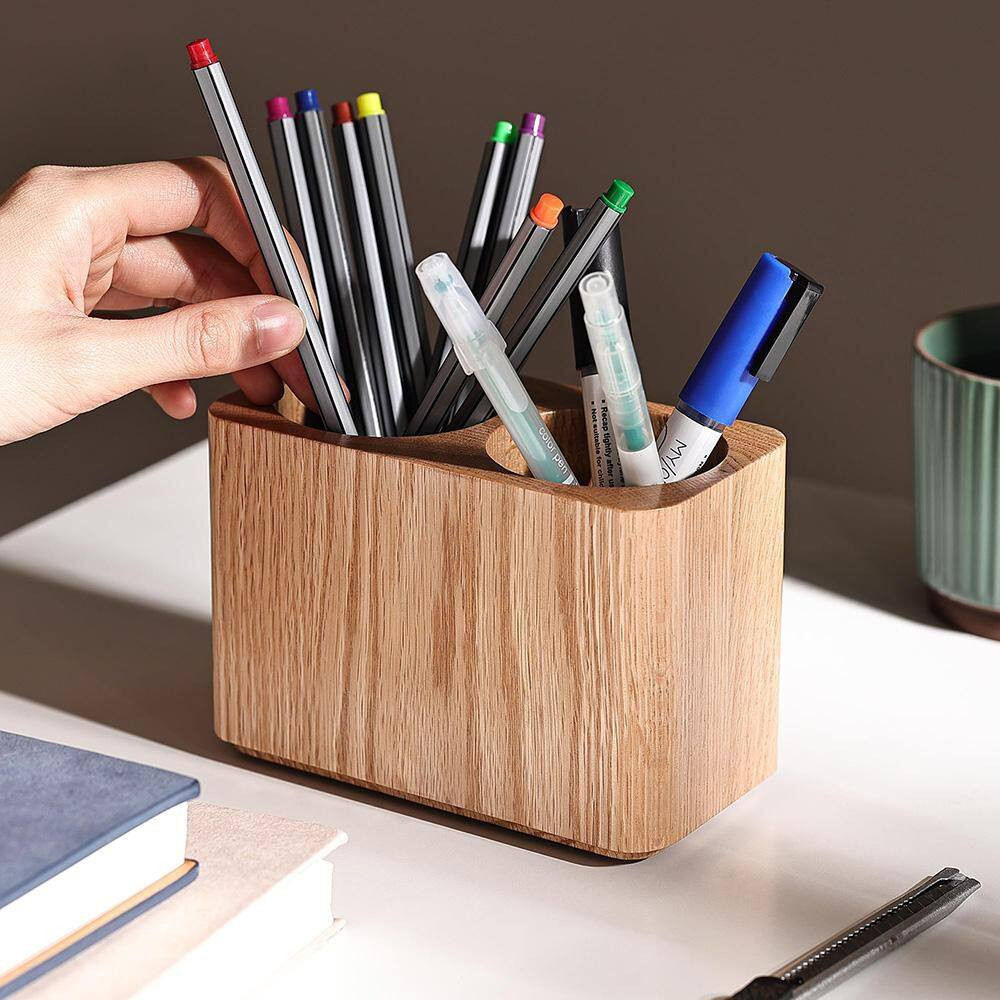 Oak Solid Wood Pen and Pencil Holder Desk Organizer Two Cup Stationery Storage f