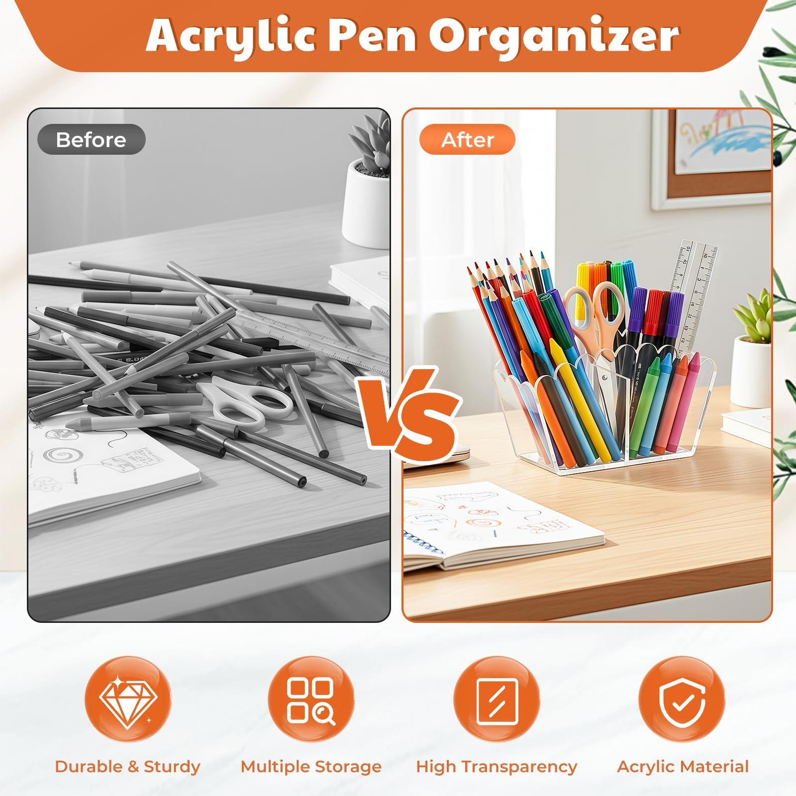 Novacrylion Clear Acrylic Pen Holder 2-Compartment Scalloped Desk Caddy