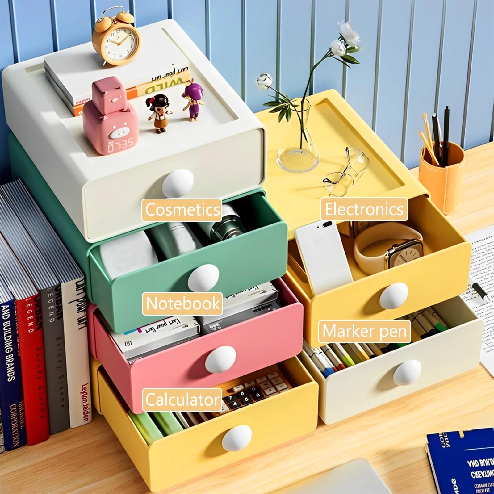 RETON 4 PCS Desktop Storage Drawers, 18.5cm x 20cm x 7.5cm, Multicolor