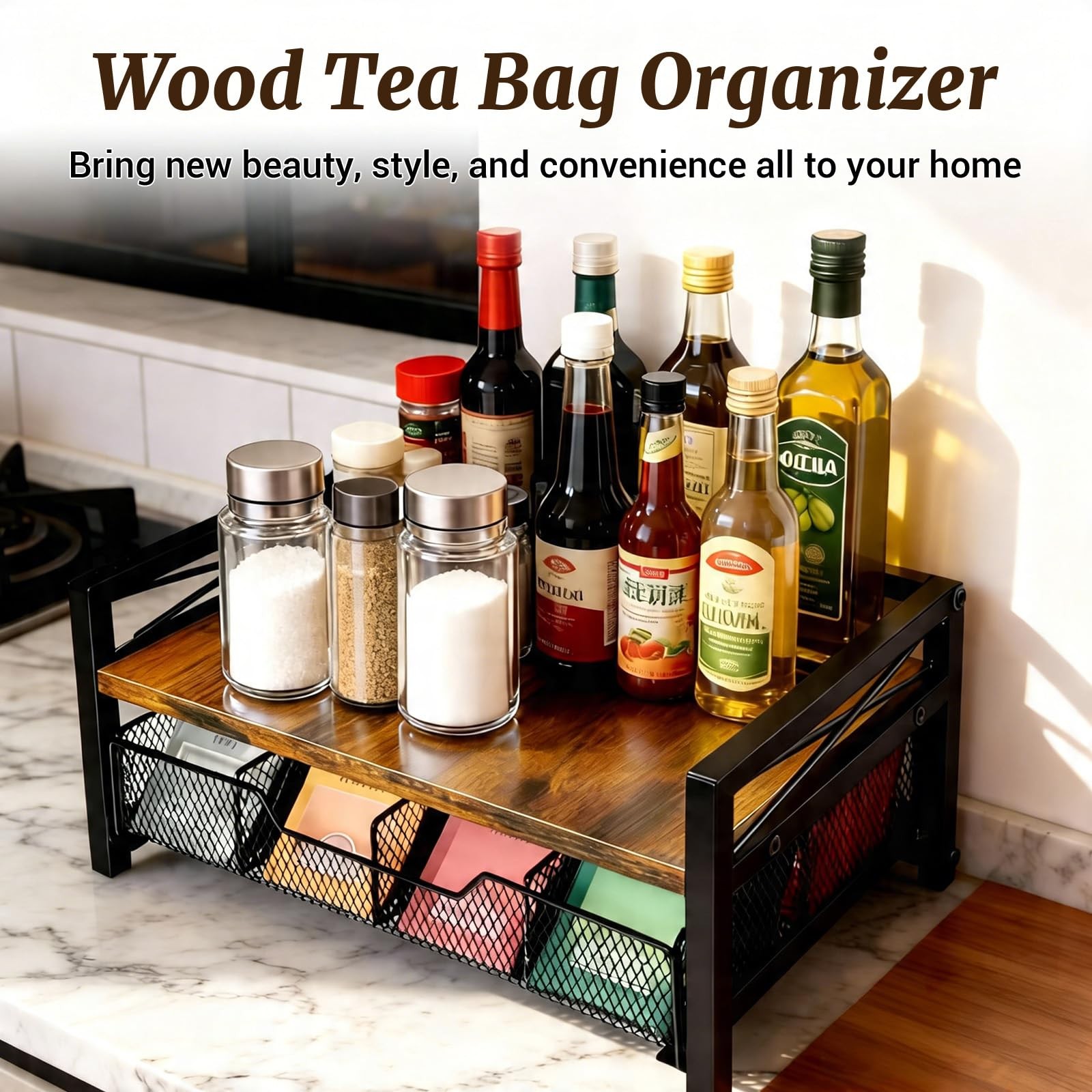 NANXITU Tea Holder Organizer,Wood 13.1″W x 7.9″D x 6.3″H, Rustic Brown