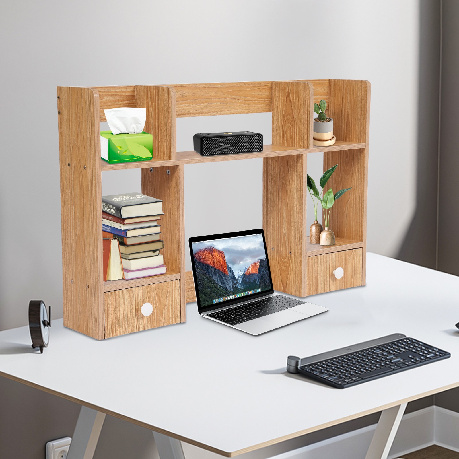 Double Layer Three Grid Two Drawer Desktop Storage Rack, Office Storage Rack
