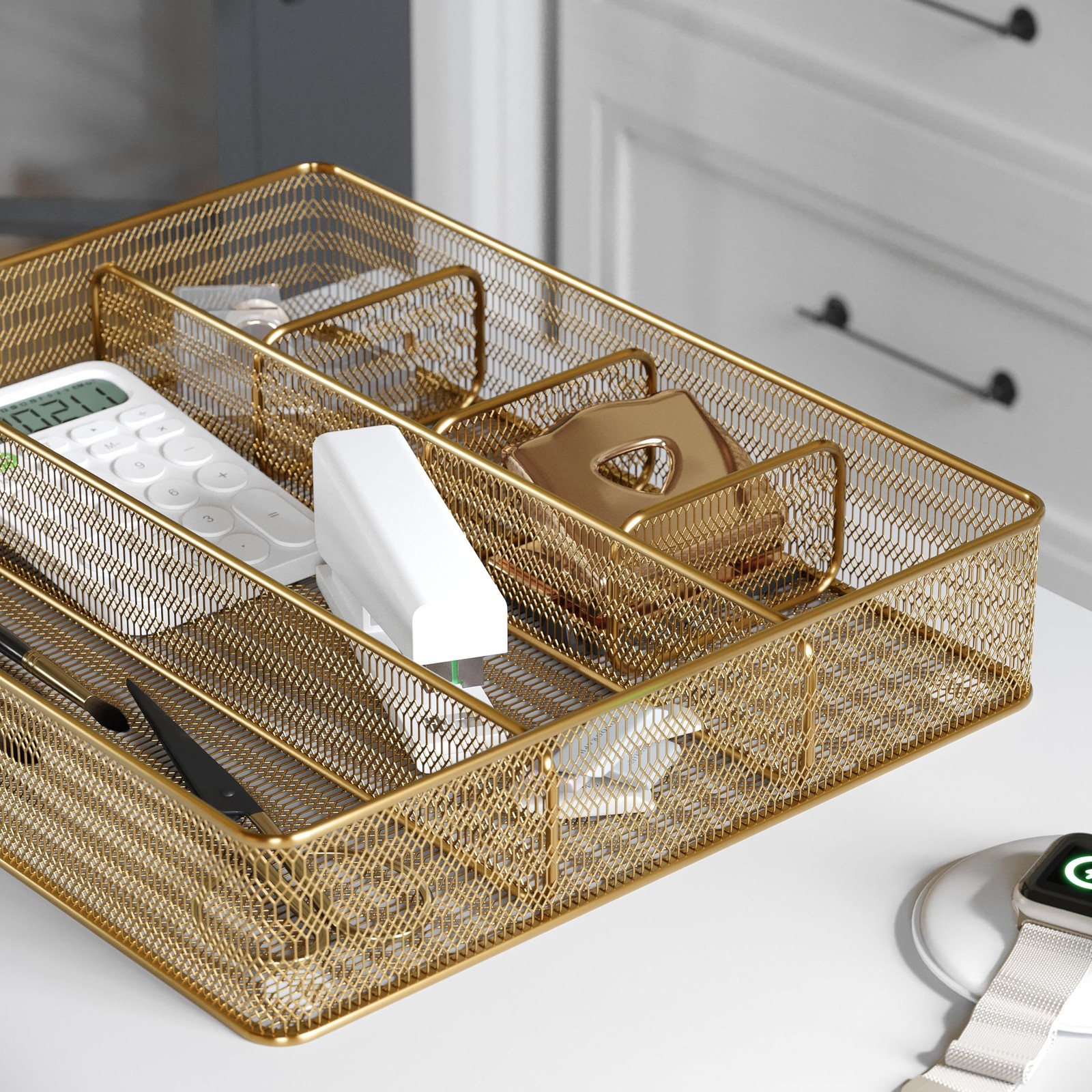 Martha Stewart Ryder Gold Mesh Metal 6 Compartment Large Desk Drawer Organizer