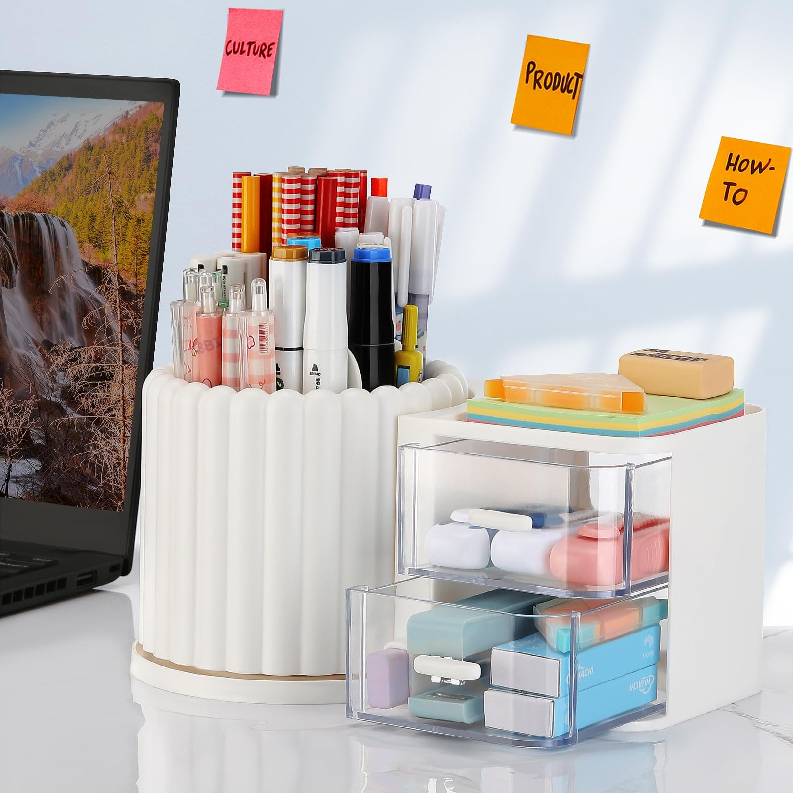 LETURE Rotating Office Desk Organizers and Accessories with 2 Drawer, White