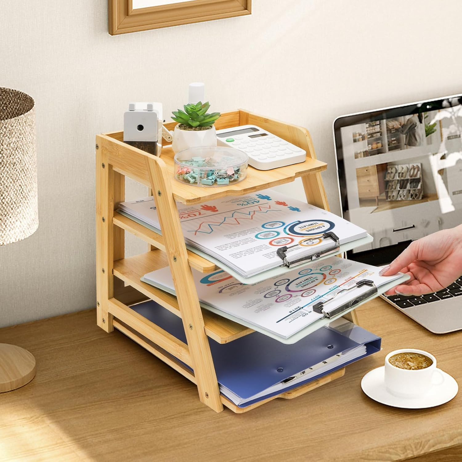 Wood Paper Organizer for Desk, 4 Tier Bamboo Letter Tray File Folder, Mail Sorte