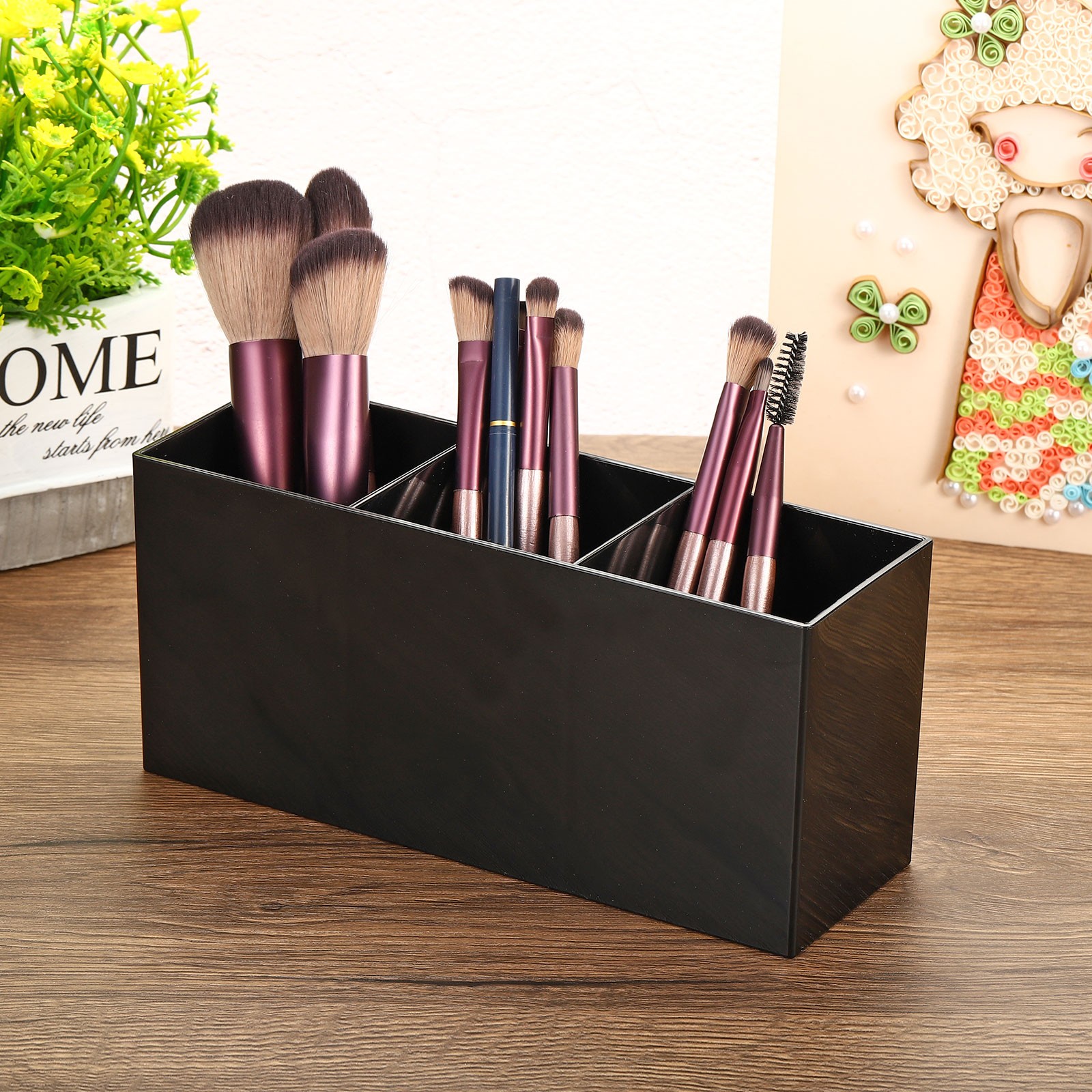 3 Compartments Clear Acrylic Pen Holder Pencil Holder Organizer Cup, Black 2pcs