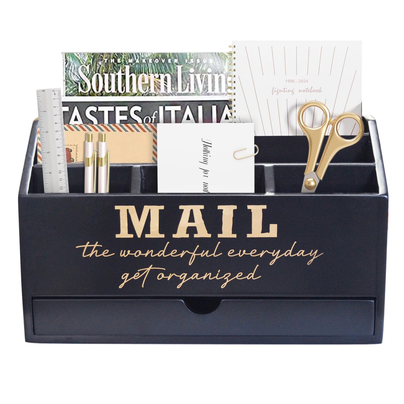 Wooden Black Rustic Countertop Mail Storage Organizer Drawer Compartment Desk