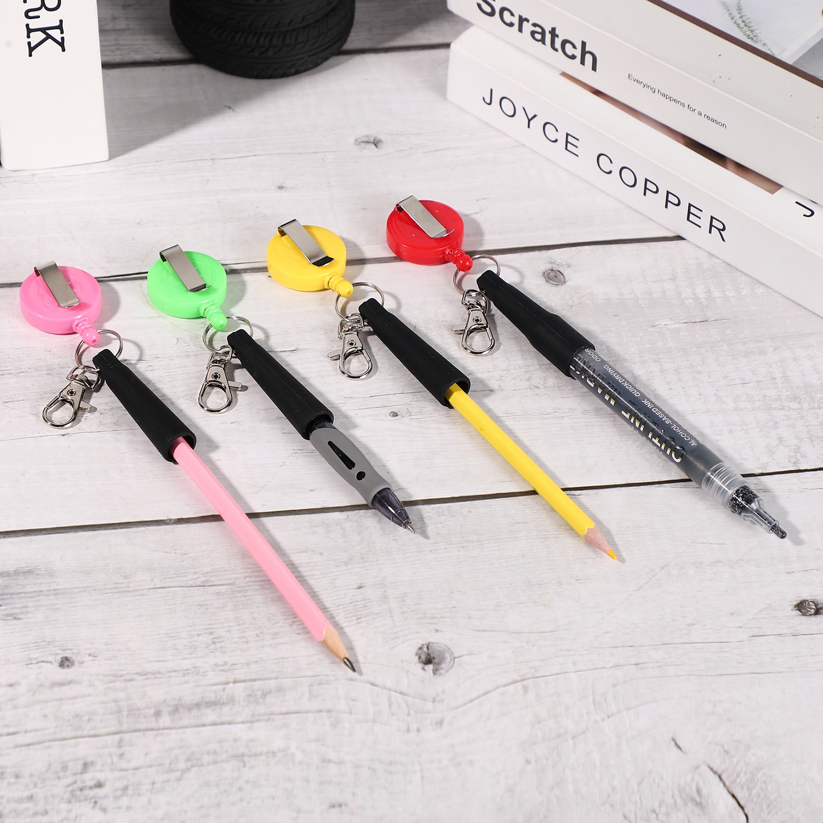 4Pcs Retractable Pen Holder Pull Pen Pencil Holder Elastic Silicone Black
