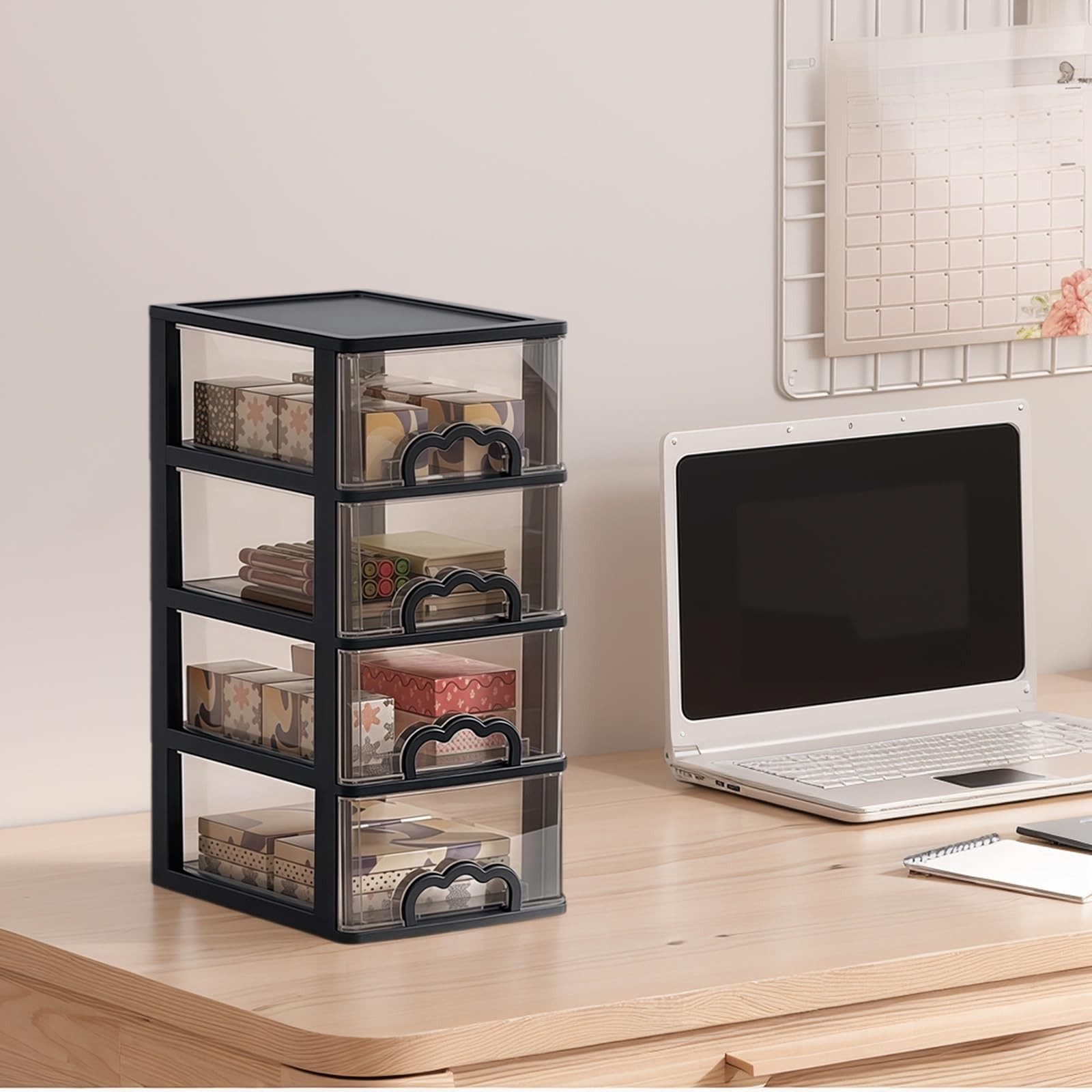 Desktop Organizer with 4 Drawers, Clear Plastic Storage Drawer Unit, Small De…
