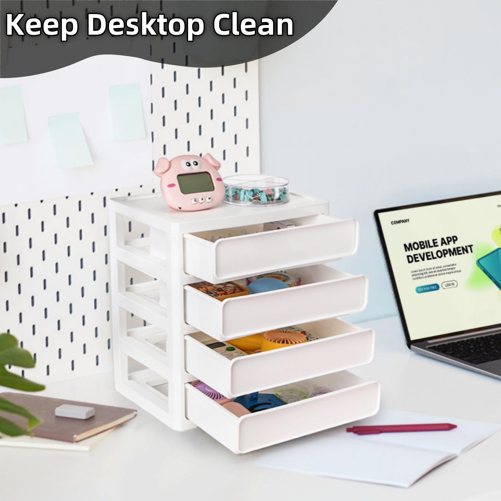 Desk Drawer Organizer, 4 Tier Plastic Desktop Storage Unit, Small Storage Bin…