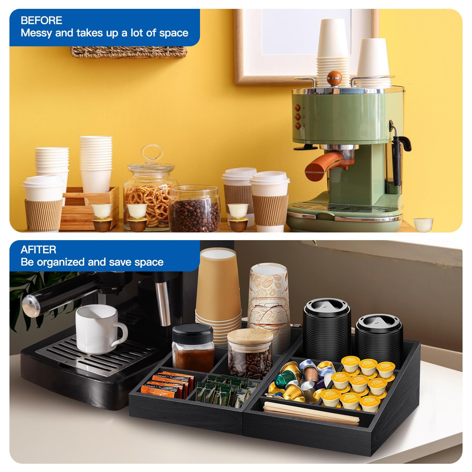 MINCORD Coffee Station Organizer Condiment Service Tray with 9 Black
