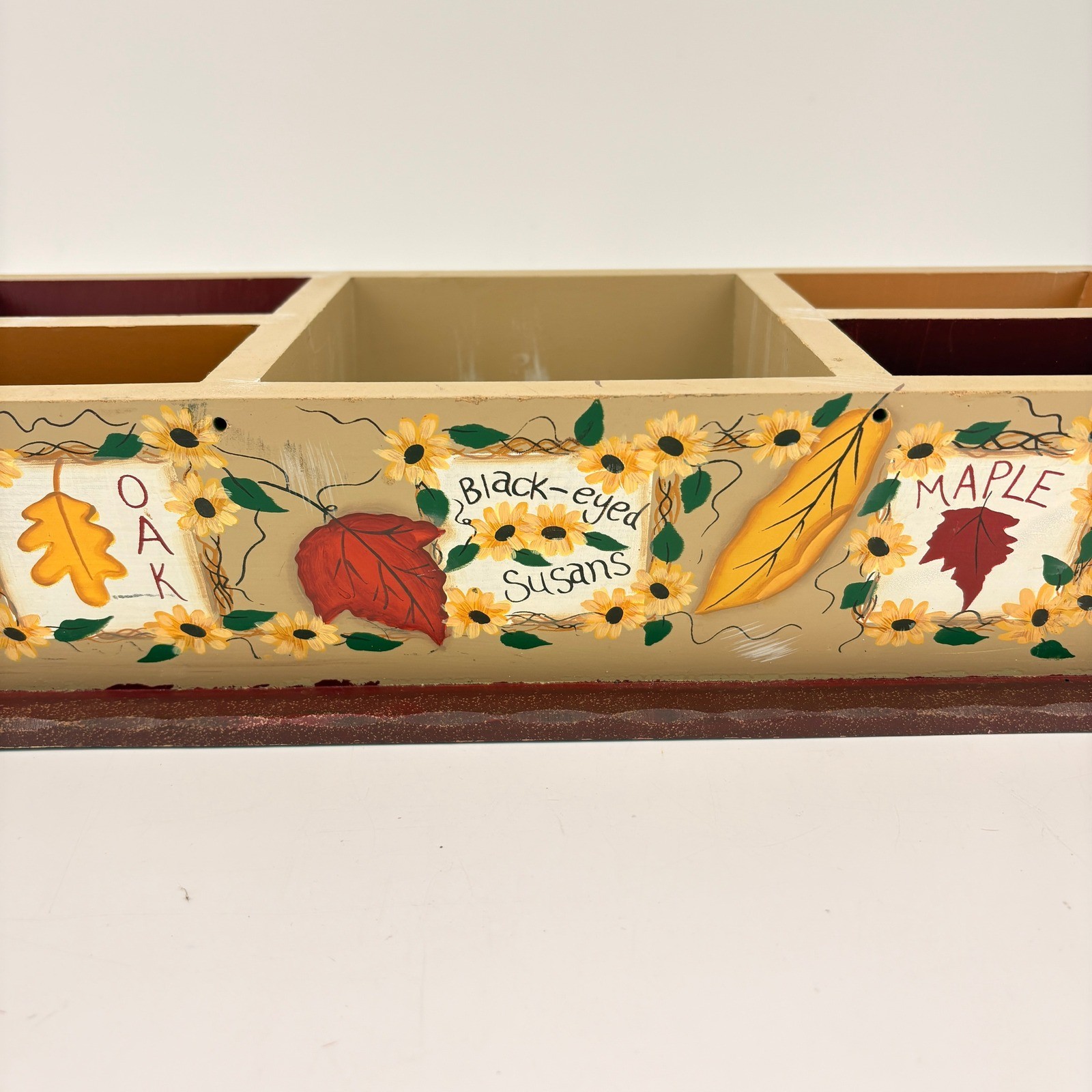 Kathy Hatch Hand Painted Wood Desk Organizer Fall Leaves Floral Autumn Caddy