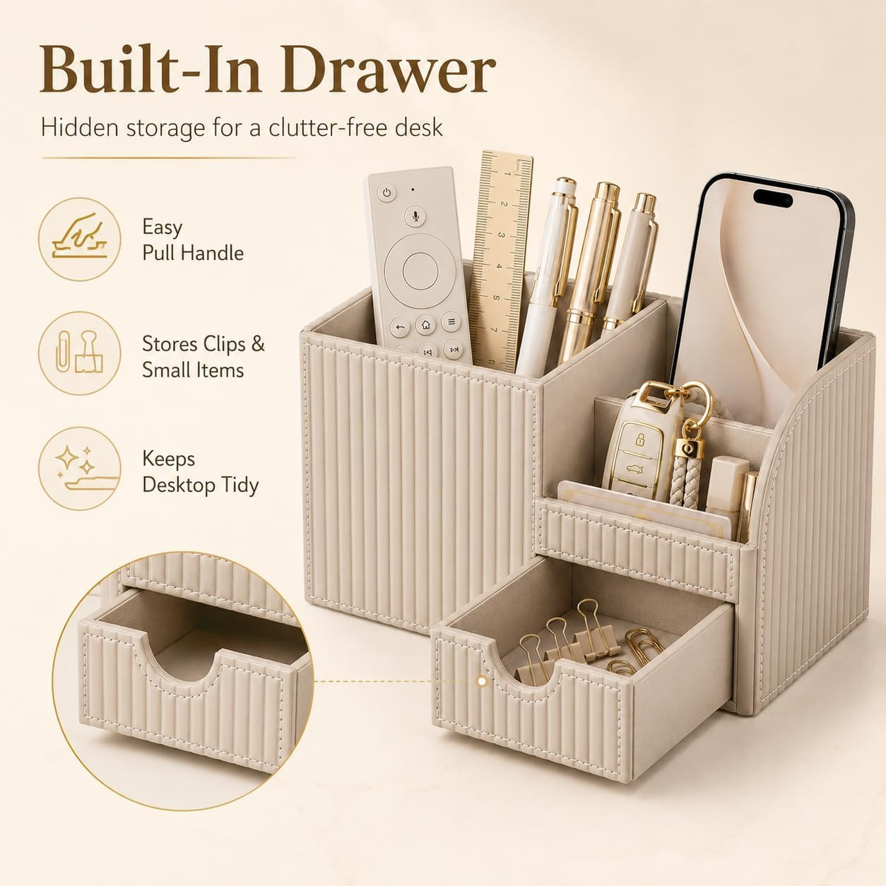 PU Leather Desk Organizer with Drawer Multi Compartment Office Storage Black Set