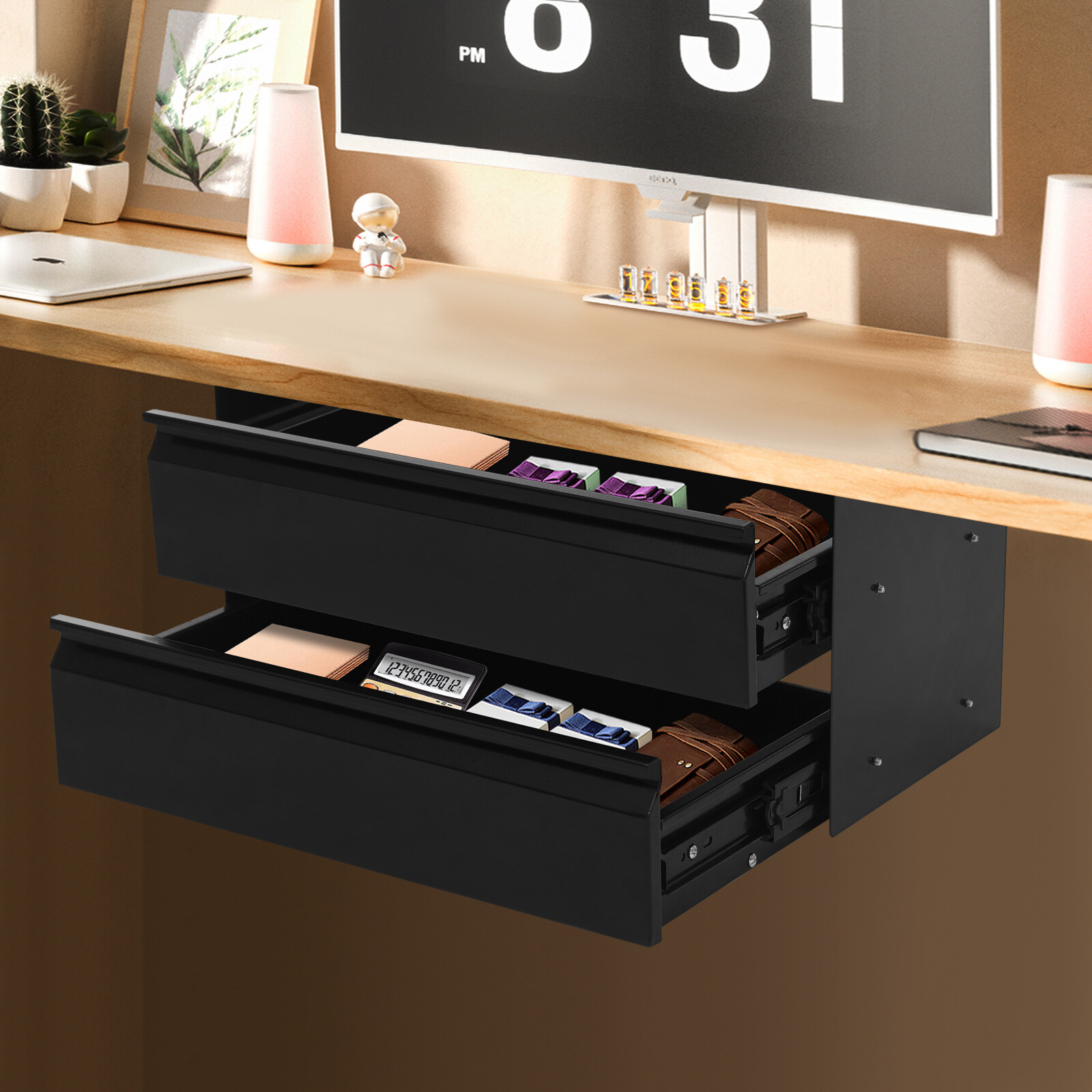Black Dual Level 16″ Pull Out Under Desk Storage Drawer Set