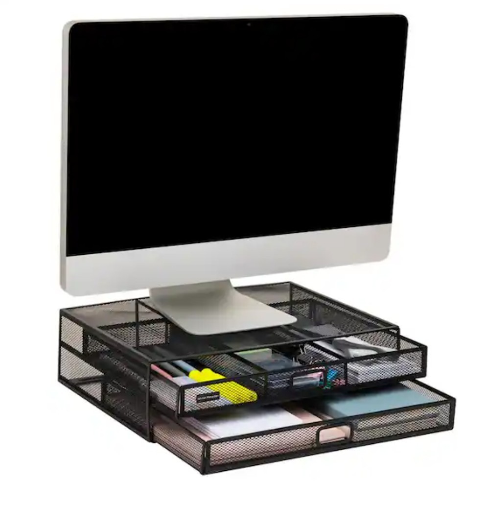 Mind Reader 2 Drawer 2 Tier Mesh Monitor Stand Black 15.75″L x 12″W x 4.5″H